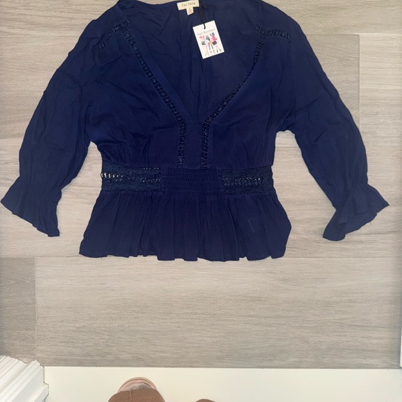 Macy's Navy Blue Blouse with Lace Detail - Picture 5 of 6